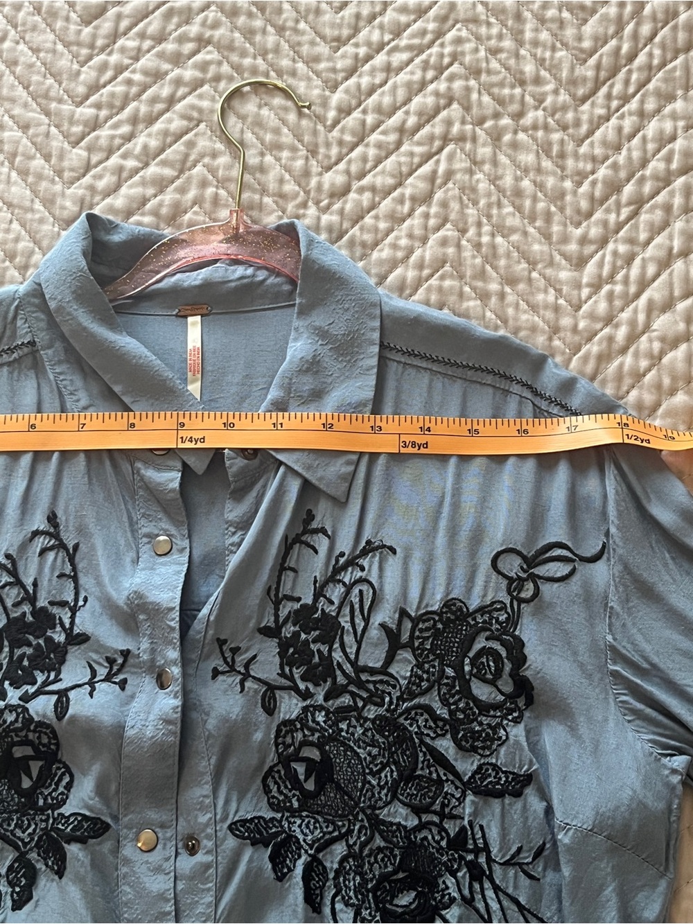 Free People Light Blue Snap Shirt with Black Floral Embroidery - Picture 8 of 10